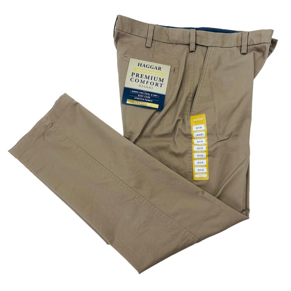 $80 NEW HAGGAR MENS 32X32 SOFT STRETCH COTTON CLASSIC PREMIUM KHAKI/CHINO PANTS